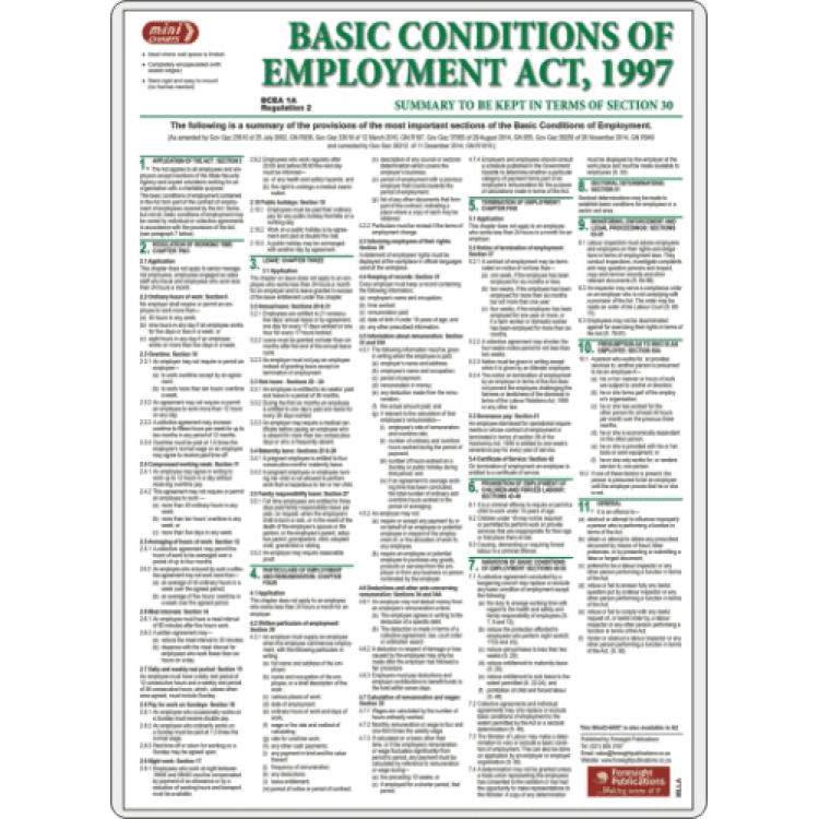 Basic Conditions of Employment Act (BCEA) Poster Safety Signs & Equipment